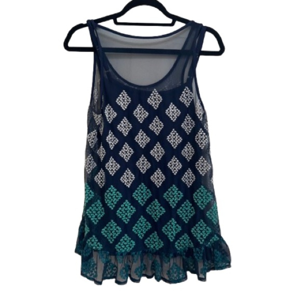 Wit & Wisdom Boho Navy Patterned Mesh Tank w/ Under Tank in Women’s Medium